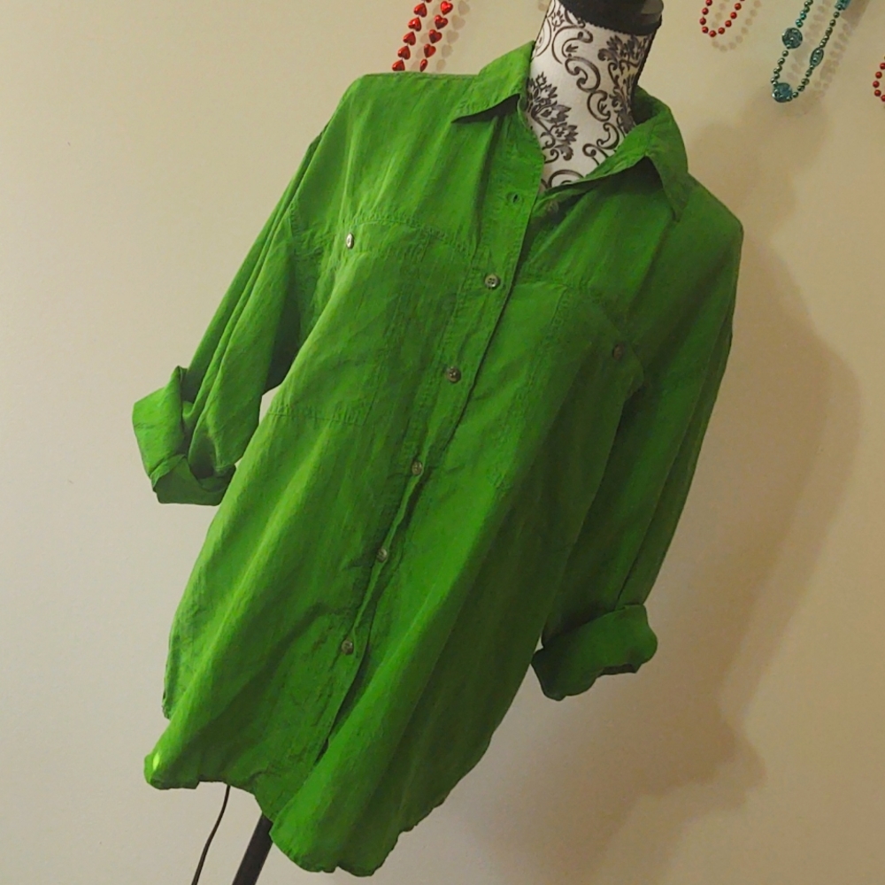 Marnie West Green Silk Button Down Shirt Med